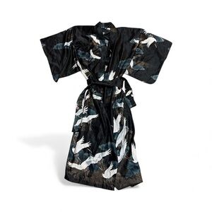 Vintage Kimono From Japan Marukyo Black Full Length Crane Design 70s Robe